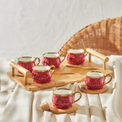 Discount 12-Piece Bone China Espresso Turkish Coffee Cup Set with Bamboo Tray for 6 People, 90ml, Red Multi Espresso & Turkish Coffee Cup Sets