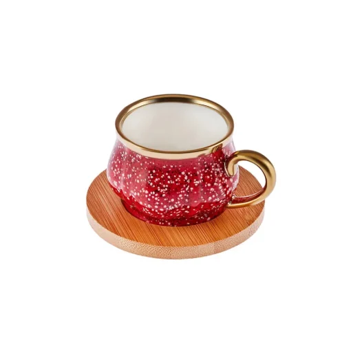 Discount 12-Piece Bone China Espresso Turkish Coffee Cup Set with Bamboo Tray for 6 People, 90ml, Red Multi Espresso & Turkish Coffee Cup Sets