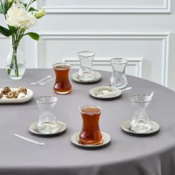 Outlet Ada 18-Piece Turkish Tea Set for 6 People, 130ml, Platin Turkish Tea Sets