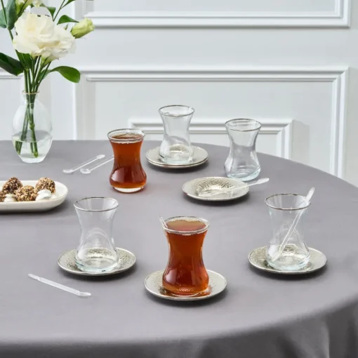 Outlet Ada 18-Piece Turkish Tea Set for 6 People, 130ml, Platin Turkish Tea Sets
