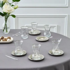 Outlet Ada 18-Piece Turkish Tea Set for 6 People, 130ml, Platin Turkish Tea Sets