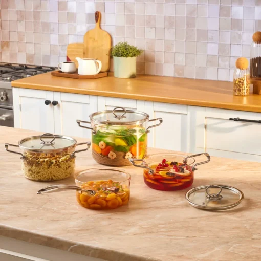 Outlet Amore 7-Piece Borosilicate Cookware Set, Transparent Borosilicate Cookware Set