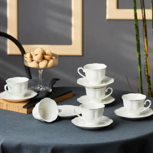 New Çan 12-Piece Porcelain Espresso Turkish Coffee Cup Set for 6 People, 90ml, White Gold Espresso & Turkish Coffee Cup Sets