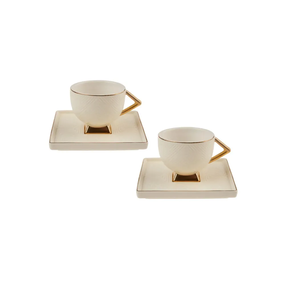 Outlet Art Deco 4 Piece Porcelain Espresso Turkish Coffee Cup Set for 2 People, 90ml, Gold White Espresso & Turkish Coffee Cup Sets