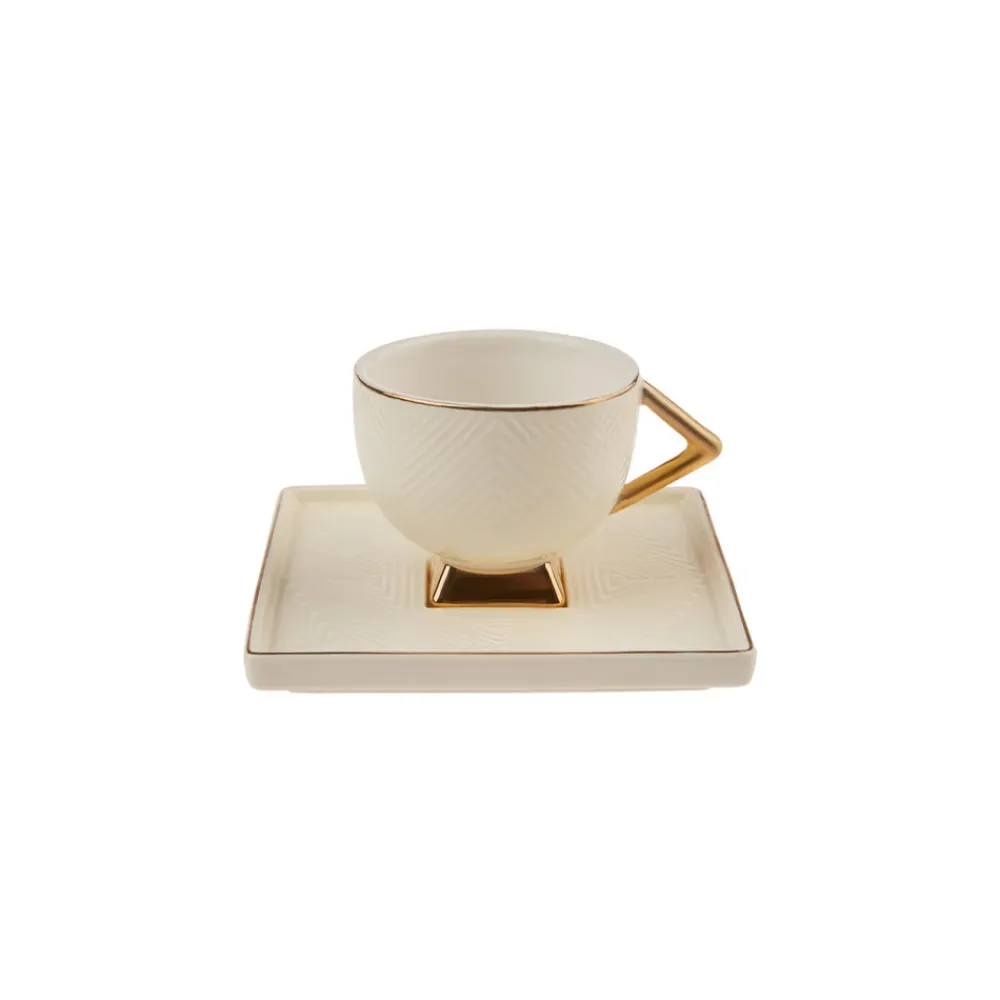 Outlet Art Deco 4 Piece Porcelain Espresso Turkish Coffee Cup Set for 2 People, 90ml, Gold White Espresso & Turkish Coffee Cup Sets
