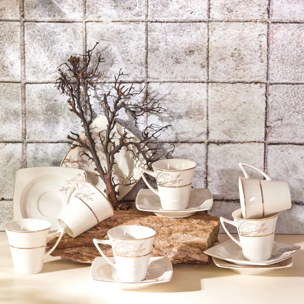 Best Autumn 12 Piece Porcelain Espresso Turkish Coffee Cup Set for 6 People, 85ml, Gold White Espresso & Turkish Coffee Cup Sets