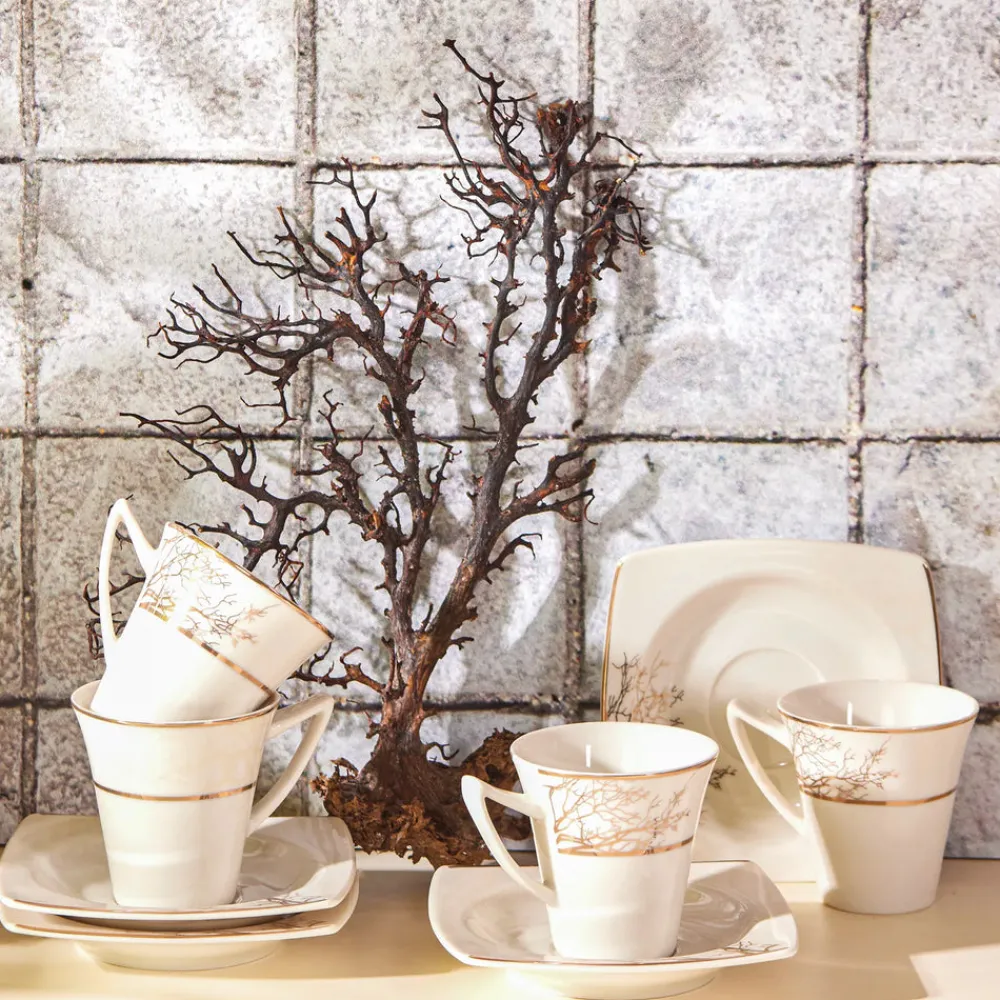 Best Autumn 12 Piece Porcelain Espresso Turkish Coffee Cup Set for 6 People, 85ml, Gold White Espresso & Turkish Coffee Cup Sets