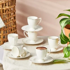 Online Boyoz 12-Piece Porcelain Espresso Turkish Coffee Cup Set for 6 People, 85ml, White Gold Espresso & Turkish Coffee Cup Sets