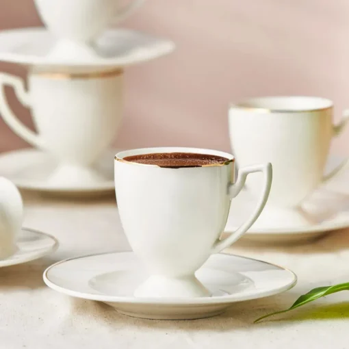 Online Boyoz 12-Piece Porcelain Espresso Turkish Coffee Cup Set for 6 People, 85ml, White Gold Espresso & Turkish Coffee Cup Sets