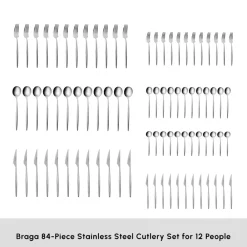 Sale Braga 84-Piece Stainless Steel Cutlery Set for 12 People, Platin Cutlery Sets