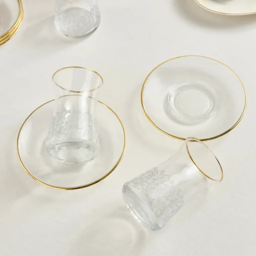 Online Brugge 12-Piece Glass Turkish Tea Set for 6 People, Gold Turkish Tea Sets