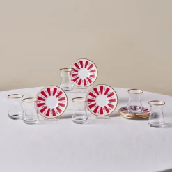 Outlet Bursa 12-Piece Glass Turkish Tea Set for 6 People, 132ml, Red Turkish Tea Sets