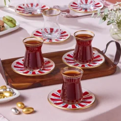 Outlet Bursa 12-Piece Glass Turkish Tea Set for 6 People, 132ml, Red Turkish Tea Sets