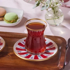 Outlet Bursa 12-Piece Glass Turkish Tea Set for 6 People, 132ml, Red Turkish Tea Sets