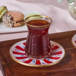 Outlet Bursa 12-Piece Glass Turkish Tea Set for 6 People, 132ml, Red Turkish Tea Sets