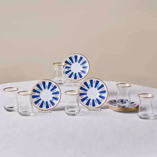 Best Bursa 12-Piece Glass Turkish Tea Set for 6 People, 132ml, Navy Turkish Tea Sets