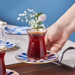 Best Bursa 12-Piece Glass Turkish Tea Set for 6 People, 132ml, Navy Turkish Tea Sets