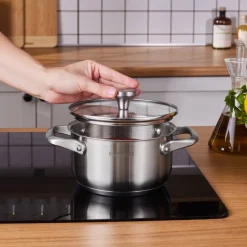 Discount Elite Stainless Steel Induction Stock Pot, Lid, 16cm, Silver Pots|Induction Cookware