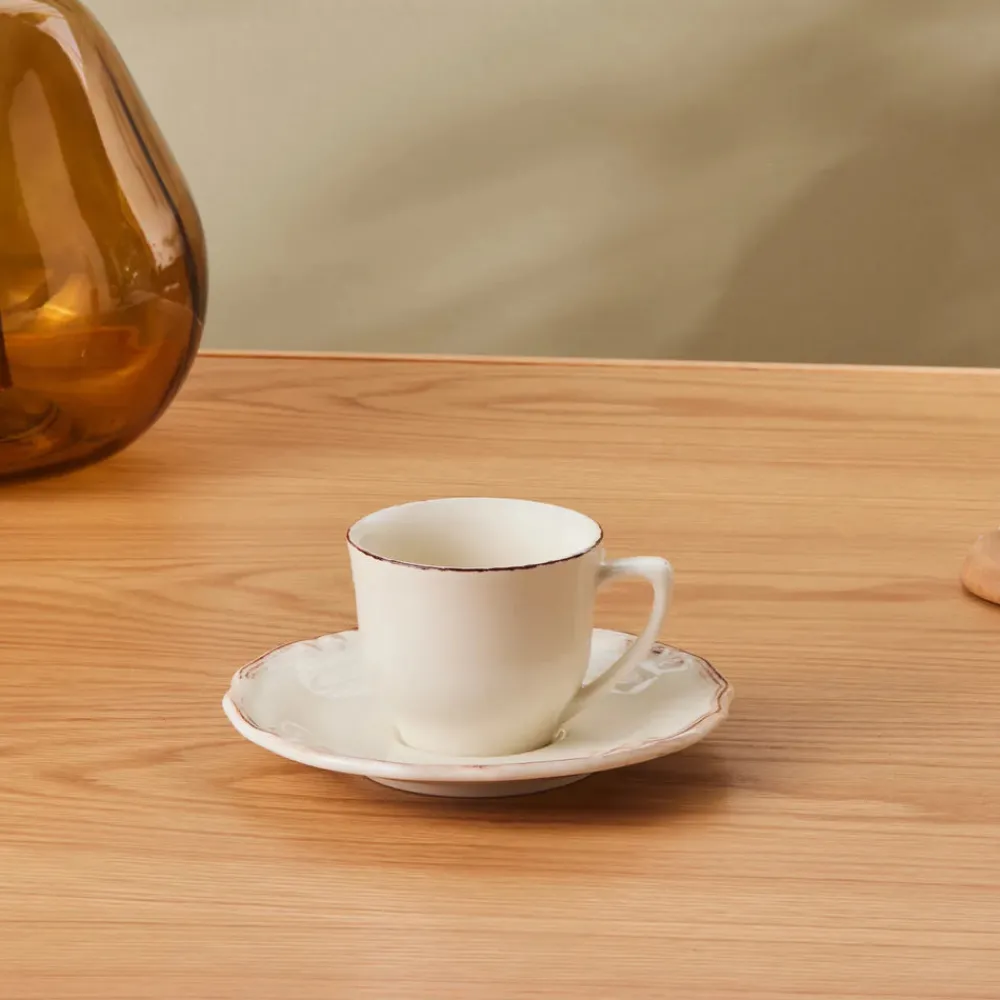 Outlet Elizabeth Ceramic Tea Cup and Saucer Set, 180ml, Ecru Tea Set