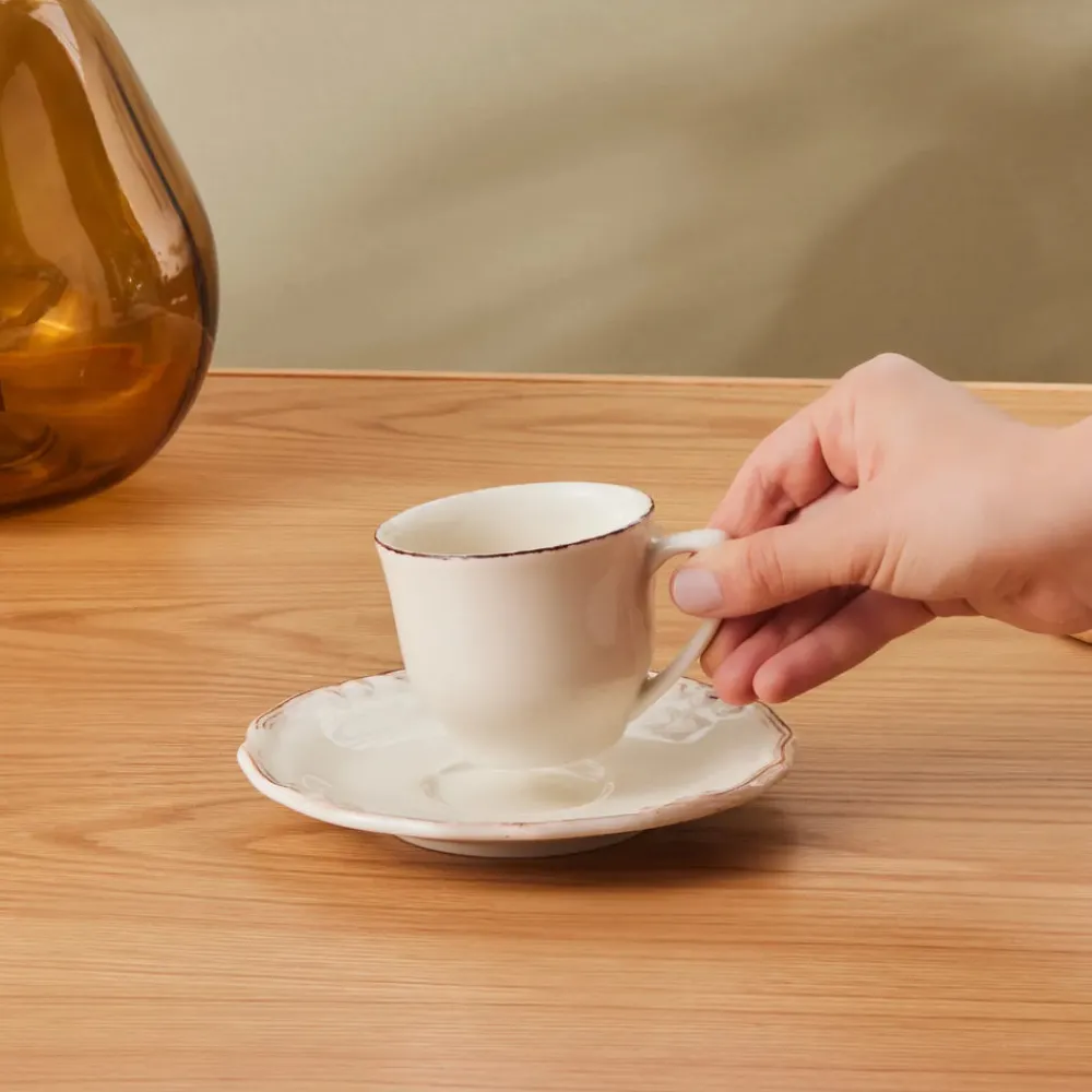 Outlet Elizabeth Ceramic Tea Cup and Saucer Set, 180ml, Ecru Tea Set