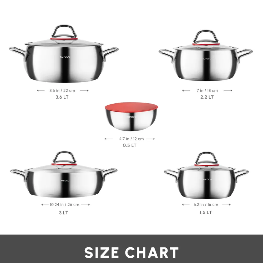 Sale Emirgan XL 10-Piece Stainless Steel Induction Cookware Set with Storage Container, Silver Red Induction Cookware|Stainless Steel Cookware Sets