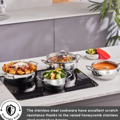 Sale Emirgan XL 10-Piece Stainless Steel Induction Cookware Set with Storage Container, Silver Red Induction Cookware|Stainless Steel Cookware Sets