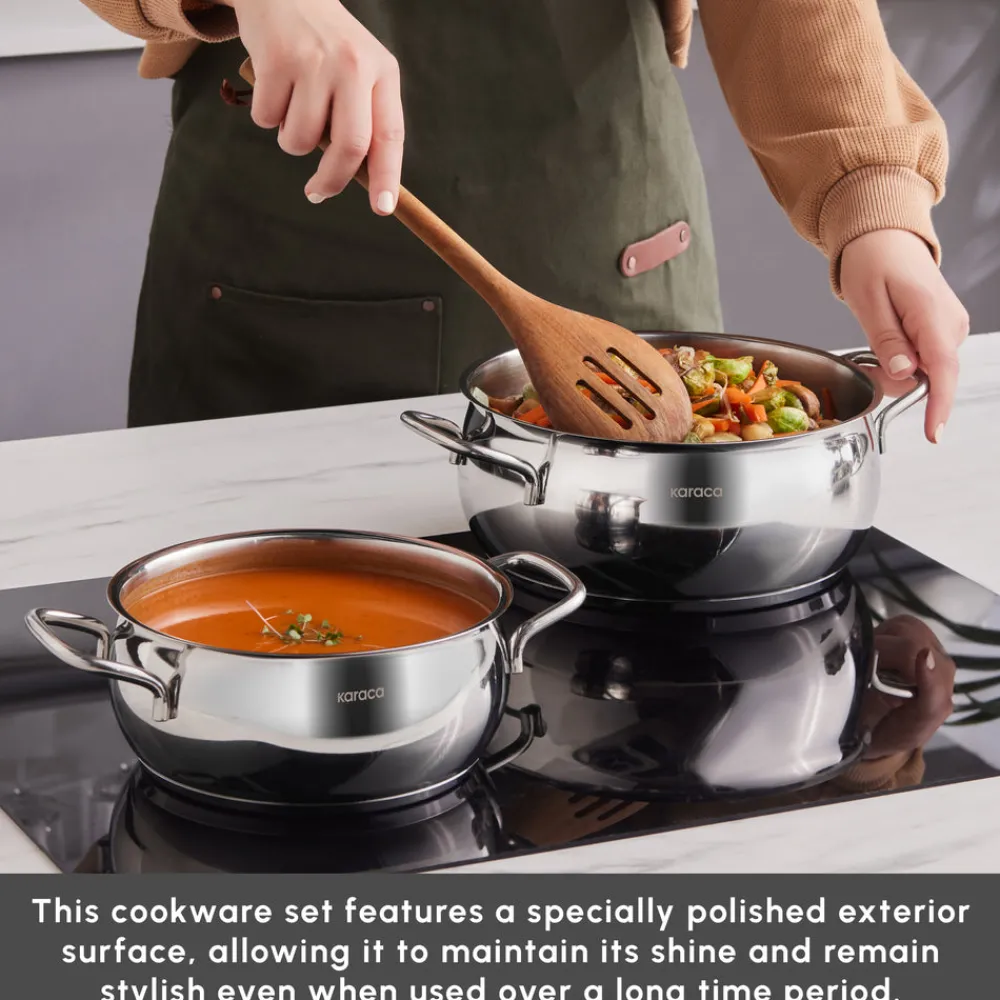 Sale Emirgan XL 10-Piece Stainless Steel Induction Cookware Set with Storage Container, Silver Red Induction Cookware|Stainless Steel Cookware Sets