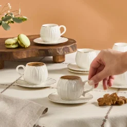 Sale Eylul 12-Piece Bone China Espresso Turkish Coffee Cup Set for 6 People, 85ml, White Espresso & Turkish Coffee Cup Sets