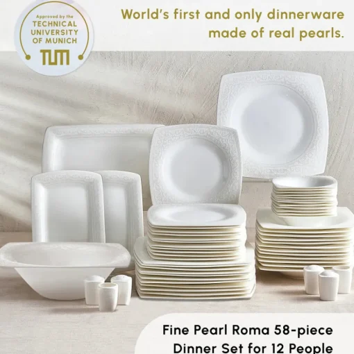 Fine Pearl Roma 58-Piece Dinner Set for 12 People, White Fine Bone Dinner Sets|Fine Pearl Dinner Sets