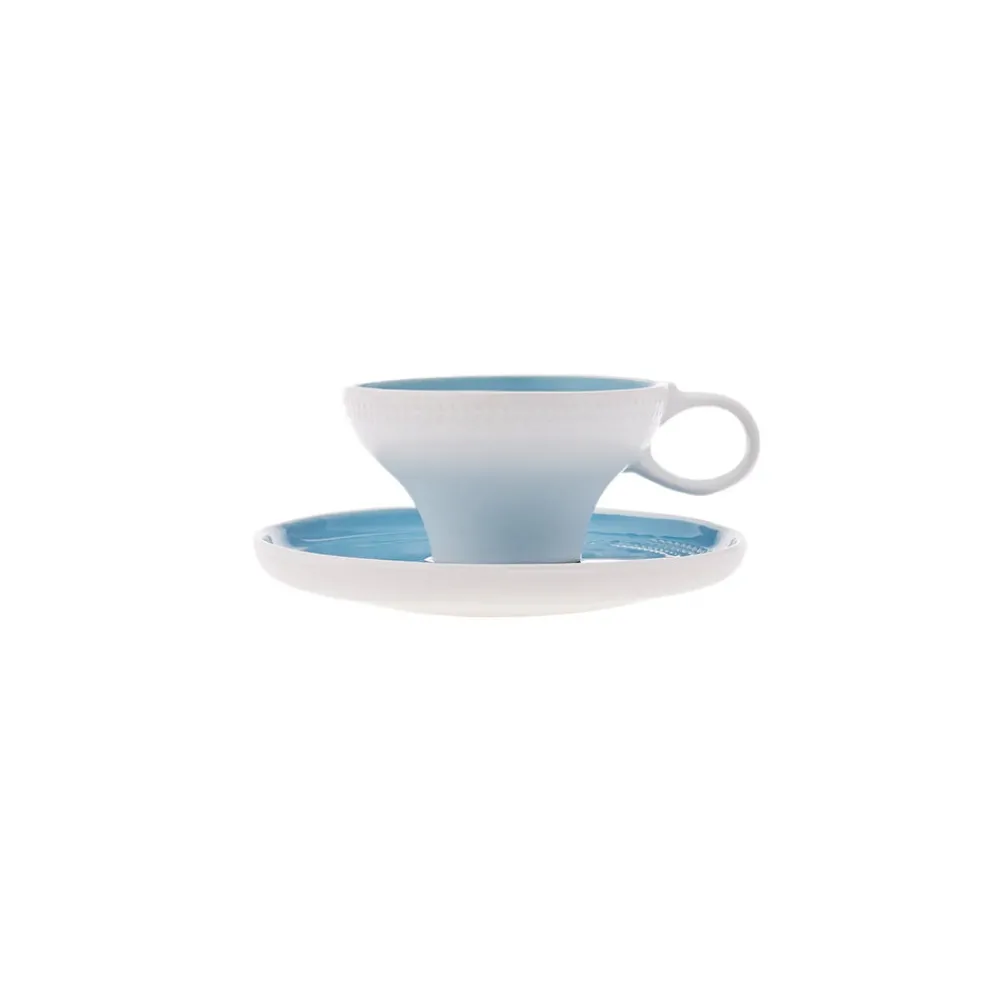 Sale Fit Collection 4 Piece Stoneware Tea Cup and Saucer Set for 2 People, 10cmx5.5cm, Blue White Tea Set