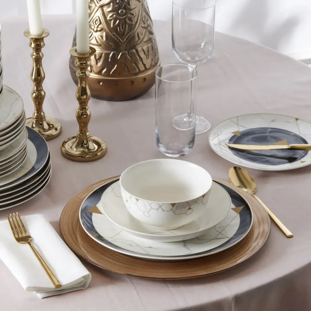 Clearance Gem 24-Piece Bone China Dinner Set for 6 People, Black Gold White See All Dinner Sets|Bone China Dinner Sets