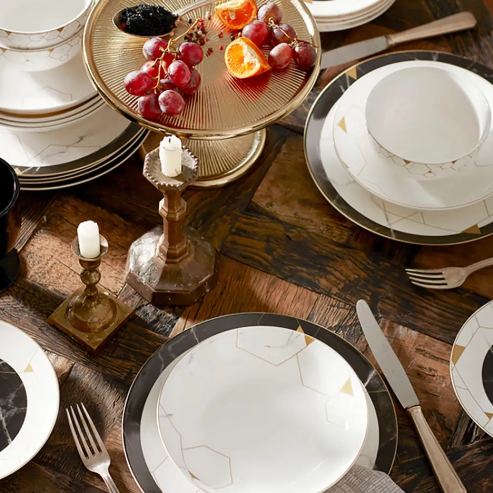 Clearance Gem 24-Piece Bone China Dinner Set for 6 People, Black Gold White See All Dinner Sets|Bone China Dinner Sets