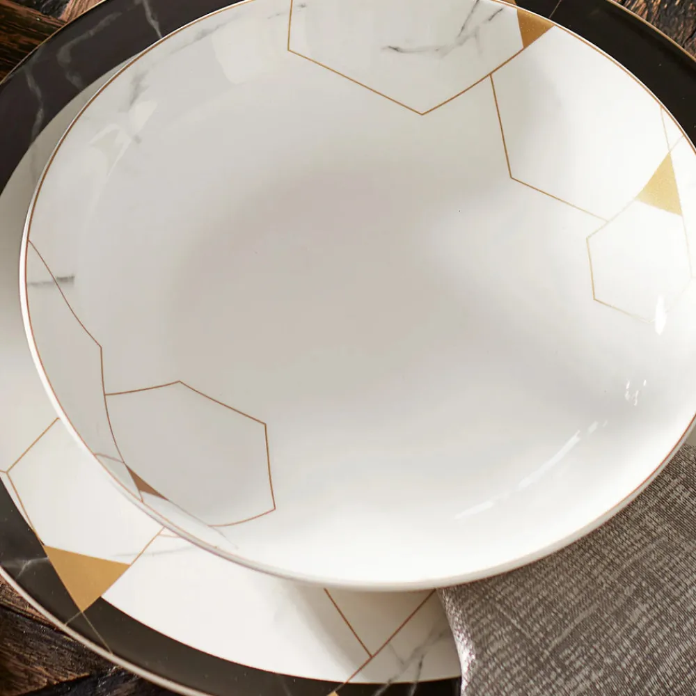 Clearance Gem 24-Piece Bone China Dinner Set for 6 People, Black Gold White See All Dinner Sets|Bone China Dinner Sets