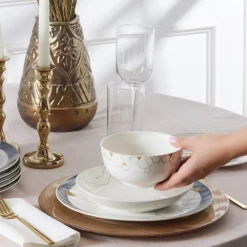Clearance Gem 24-Piece Bone China Dinner Set for 6 People, Black Gold White See All Dinner Sets|Bone China Dinner Sets