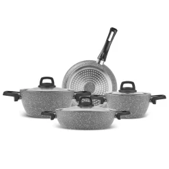 Discount Gris Biogranite 7-Piece Non-Stick Induction Cookware Set, Grey Induction Cookware|Biogranite Cookware Sets