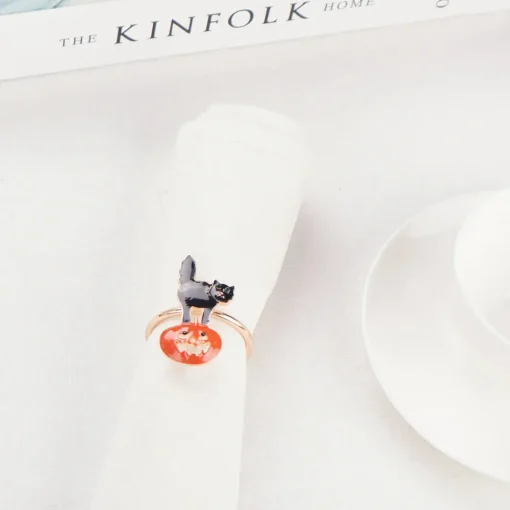 Hot Halloween Pumpkin with Cat Napkin Ring Set, 2 Piece, 6.5cm, Black Orange Napkin Rings