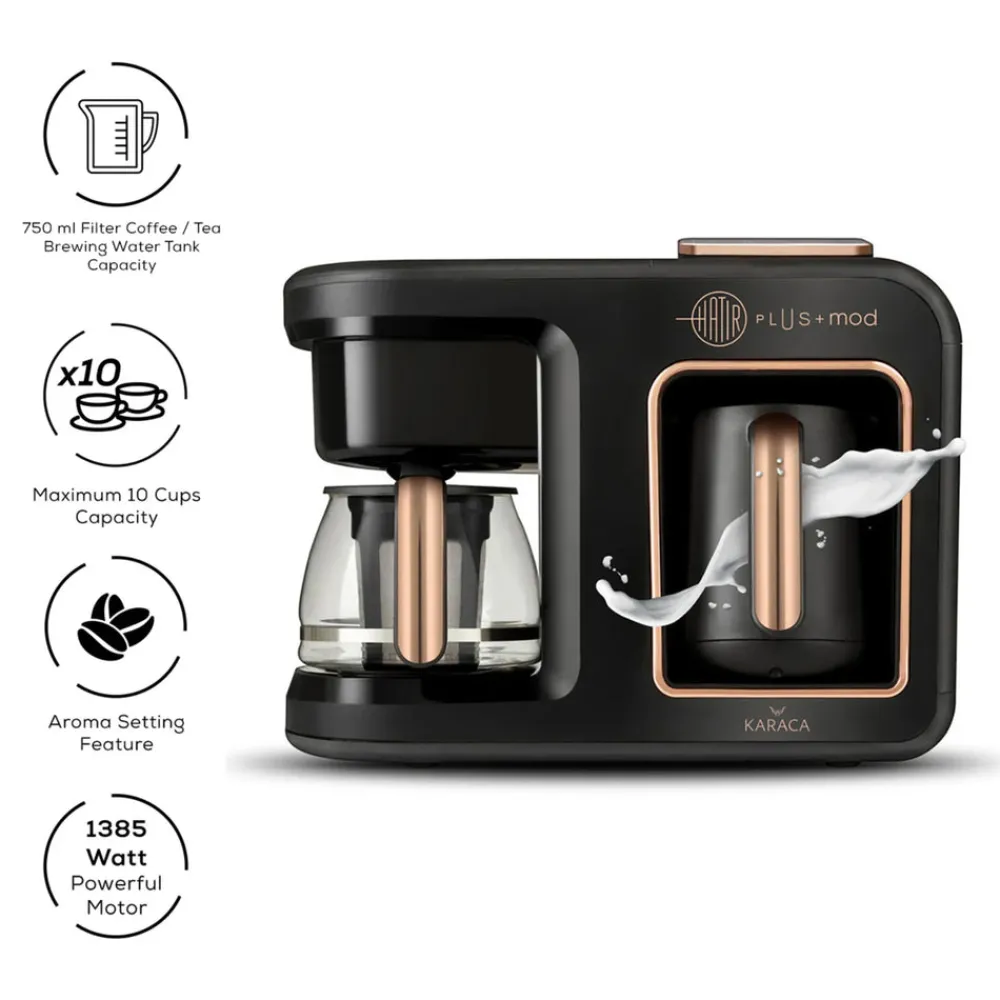 Hot Hatır Plus Mod 5 in 1 Tea, Coffee Maker and Milk Steamer, 1385W, Black Copper Turkish Coffee Maker|Coffee Machines