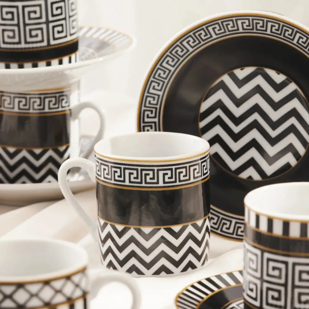 New Helenistik 12-Piece Porcelain Espresso Turkish Coffee Cup Set for 6 People, 80ml, Black Espresso & Turkish Coffee Cup Sets
