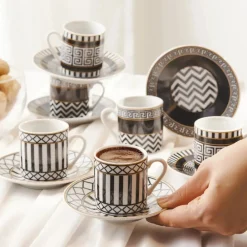 New Helenistik 12-Piece Porcelain Espresso Turkish Coffee Cup Set for 6 People, 80ml, Black Espresso & Turkish Coffee Cup Sets