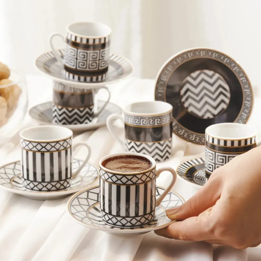 New Helenistik 12-Piece Porcelain Espresso Turkish Coffee Cup Set for 6 People, 80ml, Black Espresso & Turkish Coffee Cup Sets