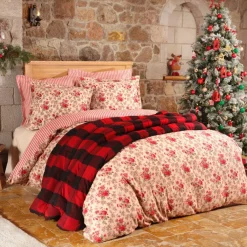 Hot Home Luis 100% Turkish Cotton Flannel Duvet Cover Set with Bed Sheet, Double, Red Multi Duvet Cover Sets