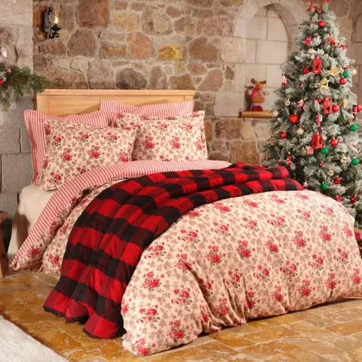 Hot Home Luis 100% Turkish Cotton Flannel Duvet Cover Set with Bed Sheet, Double, Red Multi Duvet Cover Sets