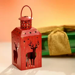 New Home New Year Christmas Deer Metal Decorative Led Light Lantern, 13cm, Red Ornaments