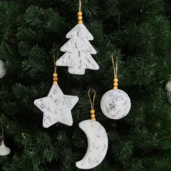Home New Year Christmas Puffy Tree Decoration Set, 4 Piece, 8cm, White Gold Ornaments