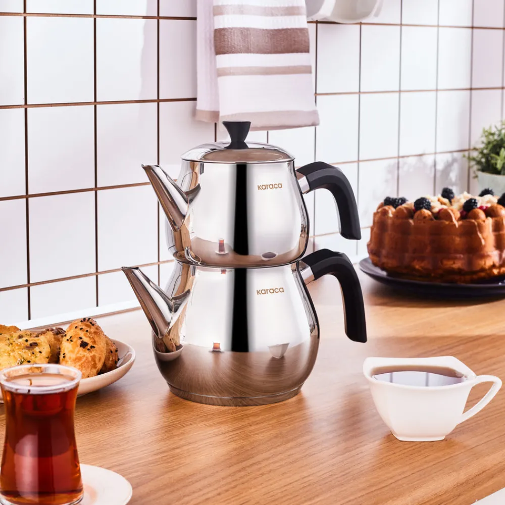 New Kayra Stainless Steel Induction Teapot Set, Medium, Black Silver Turkish Coffee Pots|Turkish Teapots