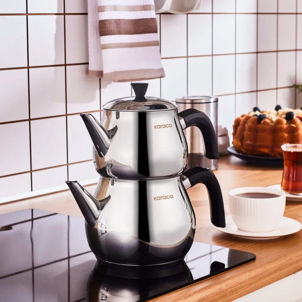 New Kayra Stainless Steel Induction Teapot Set, Medium, Black Silver Turkish Coffee Pots|Turkish Teapots