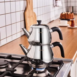 New Kayra Stainless Steel Induction Teapot Set, Medium, Black Silver Turkish Coffee Pots|Turkish Teapots