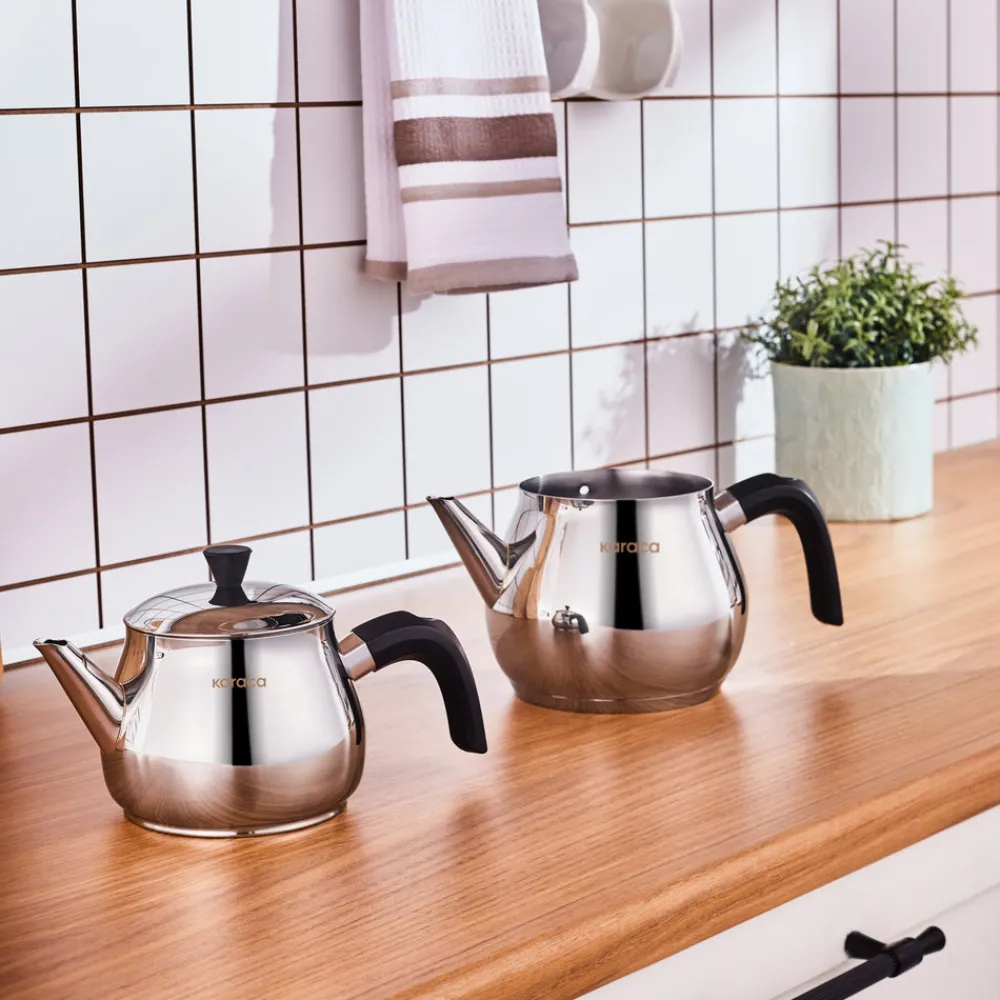 New Kayra Stainless Steel Induction Teapot Set, Medium, Black Silver Turkish Coffee Pots|Turkish Teapots