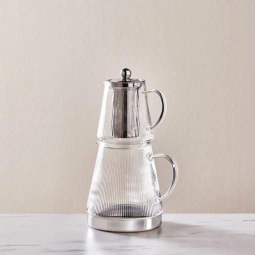 Discount Keops XL Borosilicate Glass Teapot Set, Transparent Silver Turkish Teapots