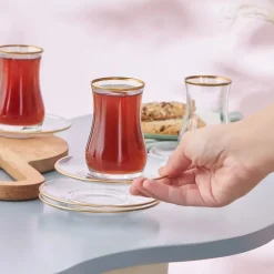 Outlet Kirke 12 Piece Glass Turkish Tea Set for 6 People, 110ml, Transparent Turkish Tea Sets